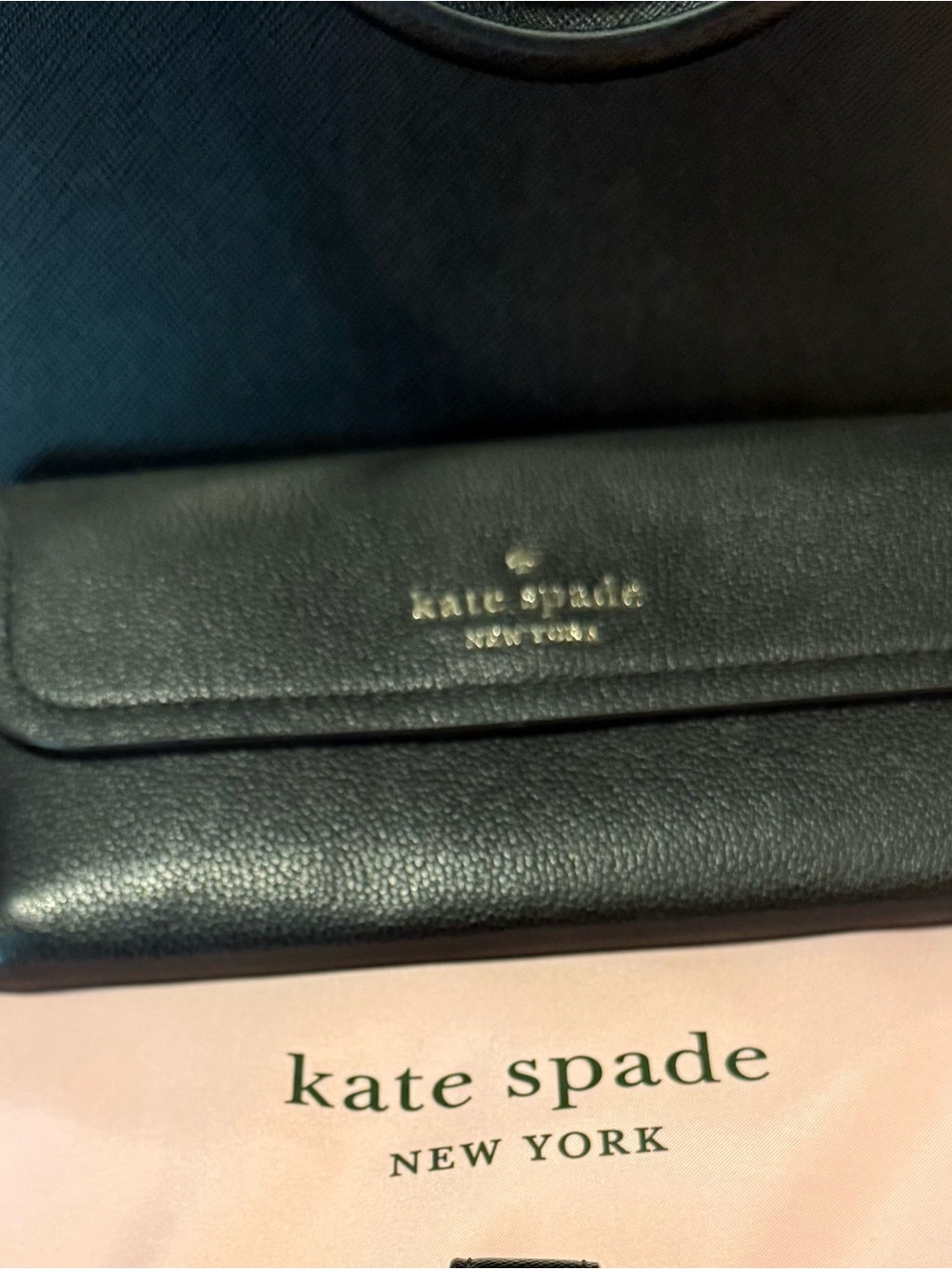 kate spade Black Pebbled Leather Continental Wallet with Gold Logo
